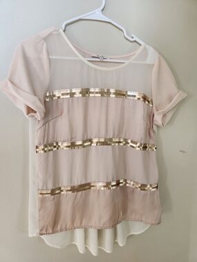 Miss Me Blush Pink Sheer Top with Gold Sequin Stripes S Small
